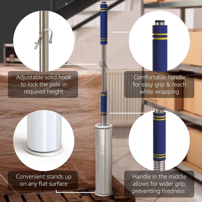 Lifetime Supplies Heavy Duty Stretch Film Dispenser Pole Holder - Extra Long High Reaching Industrial Handle for Stretch Wrapping - Fits Rolls 2" to 3" Diamater Cores & Lengths from 12" to 24" - Pallet Wrap - Image 3